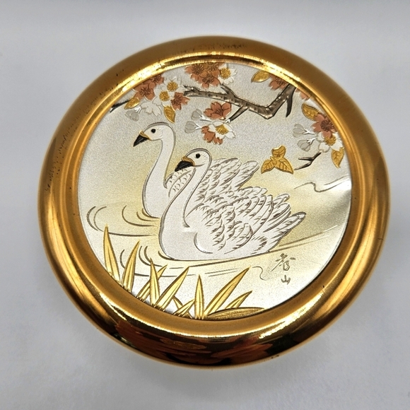 VINTAGE Swans Art Of Chokin 24KT Gold Edged Black Trinket Box Made in Japan - Picture 2 of 6